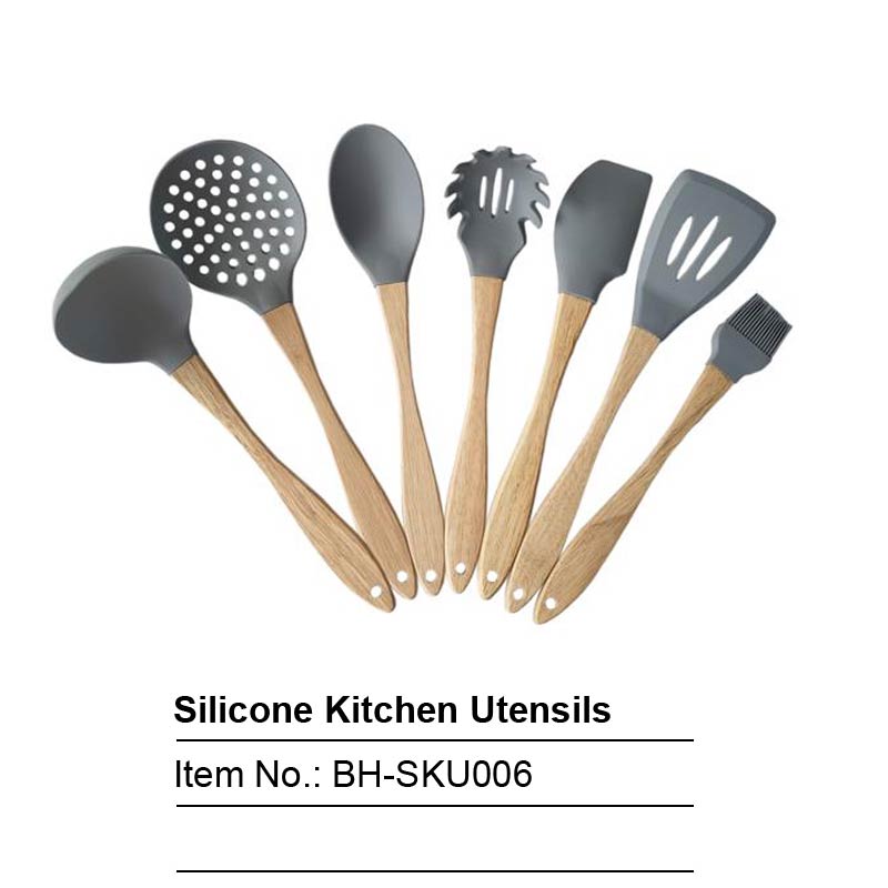 7Pcs Grey Silicone Wooden Spatula, Silicone and Wood Utensil Set Wholesale
