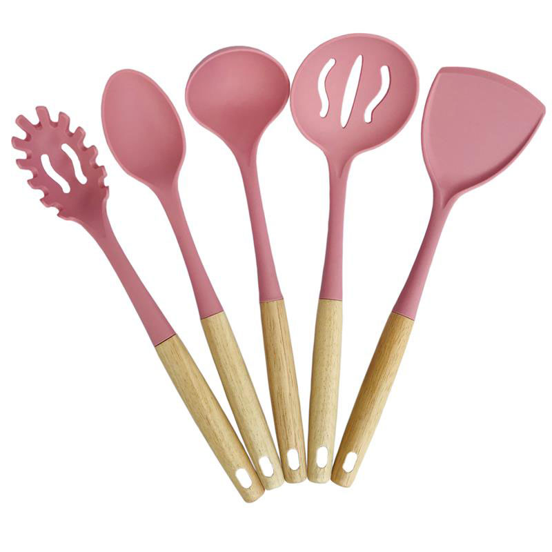 5Pcs Pink Silicone Utensils with Wooden Handles Wholesale